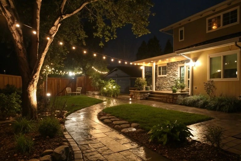 A cozy backyard at night with string lights hanging between trees, illuminating a path made of stones. The house has a stone facade and trimmed grass, creating a warm, inviting ambiance. Two chairs sit in the background near the wooden fence.