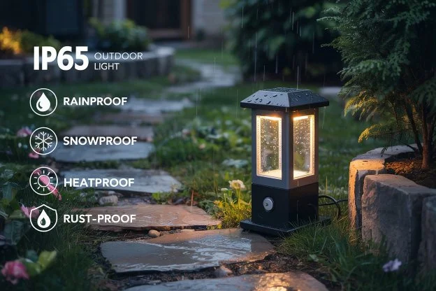 Outdoor lantern on a stone path in a garden, showcasing its IP65 rating with icons for rainproof, snowproof, heatproof, and rust-proof features.