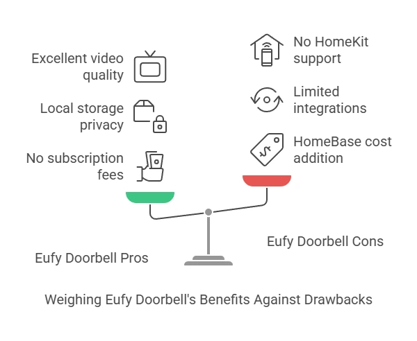 Image of a scale balancing Eufy Doorbell pros and cons. Left pros: excellent video quality, local storage privacy, no subscription fees. Right cons: no HomeKit support, limited integrations, HomeBase cost addition. Caption: Weighing Eufy Doorbells Benefits Against Drawbacks.