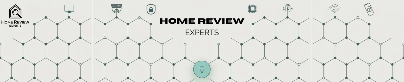 Minimalist banner for Home Review Experts with a hexagonal pattern, various small icons of home devices, and the central text HOME REVIEW EXPERTS in bold.