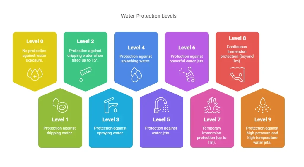 Water Protection Levels 0 No protection against water exposure 1 Protection against dripping water 2 Protection against dripping water when tilted up to 15º 3 Protection against spraying water 4 Protection against splashing water 5 Protection against water jets 6 Protection against powerful water jets 7 Temporary immersion protection (up to 1m) 8 Continuous immersion protection (beyond 1m) 9 Protection against high-pressure and high-temperature water jets