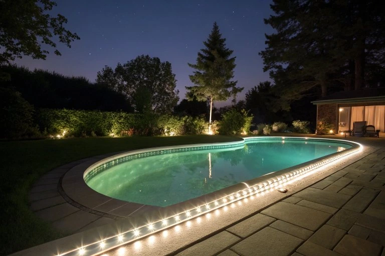 Illuminated swimming pool at night, surrounded by trees and shrubs, with waterproof LED strip lights along the edge.